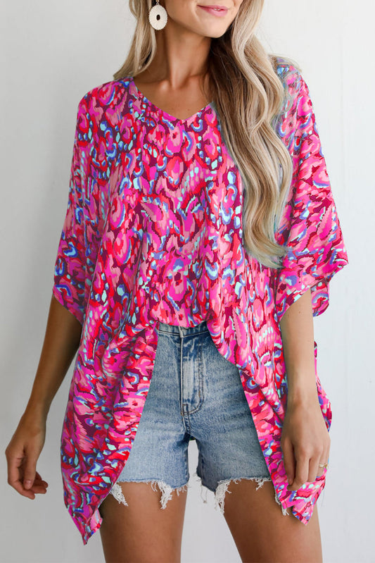 Abstract Print V Neck Half Sleeve Loose Fit Tunic Blouse