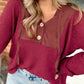Waffle Patchwork Drop Shoulder Hooded Long Sleeve Top