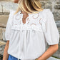 Embroidered Lace Patchwork Tie Neck Puff Short Sleeve Blouse