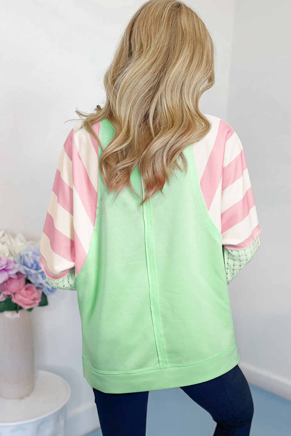 Striped Colorblock Patchwork Raglan Pullover Top with Slits