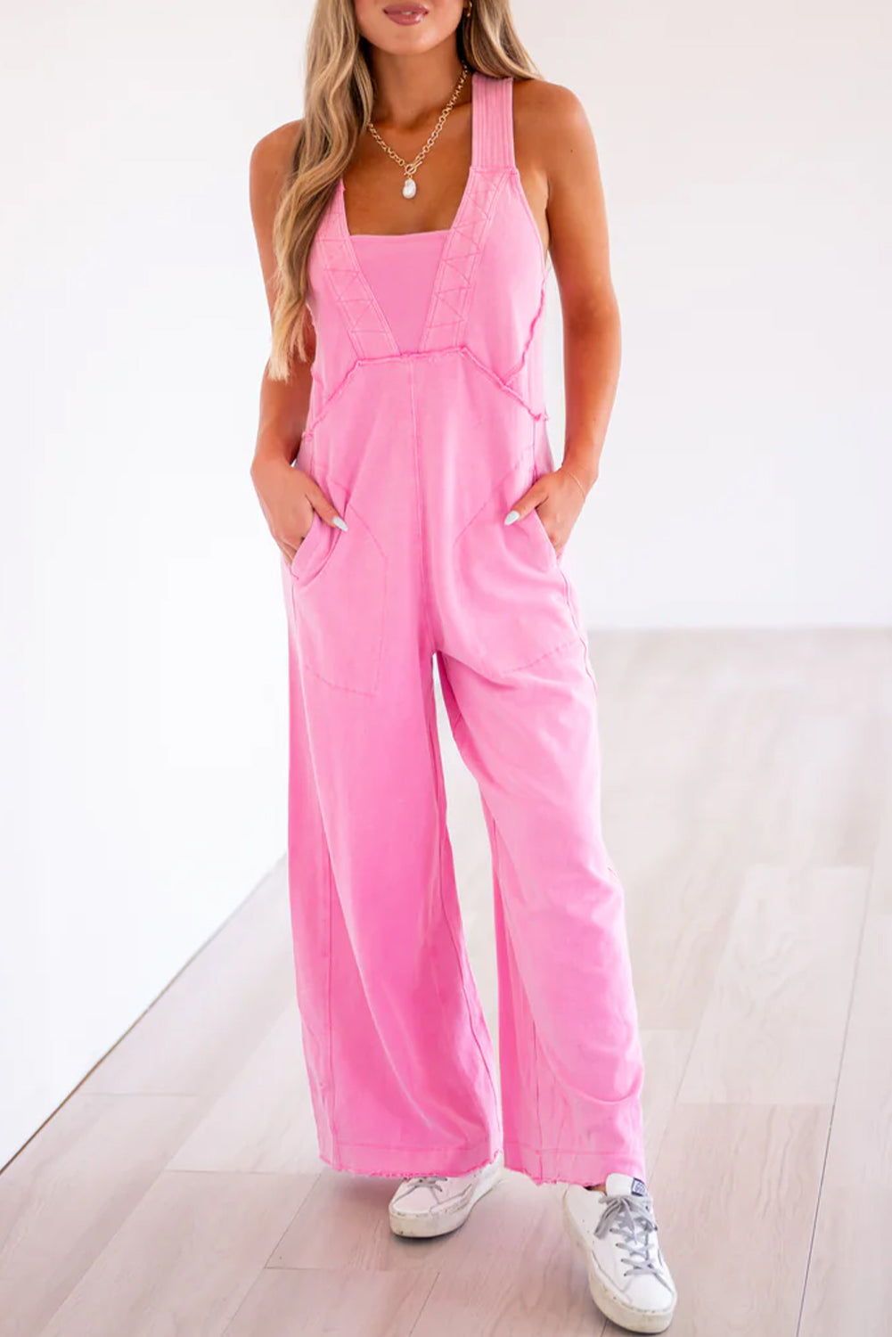 Mineral Wash Raw Seam Patchwork Wide Leg Loose Jumpsuit