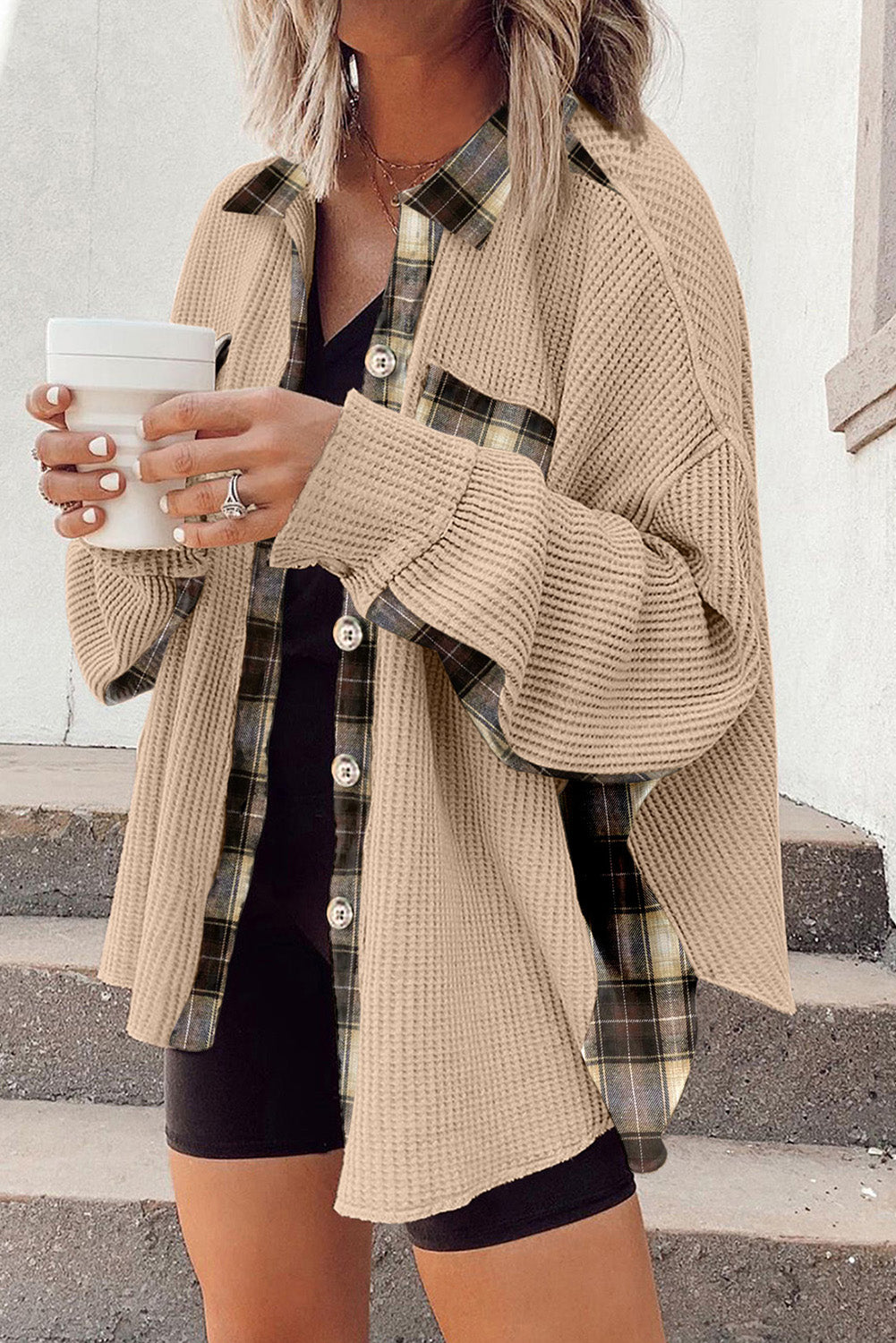 Plaid Waffle Knit Shacket