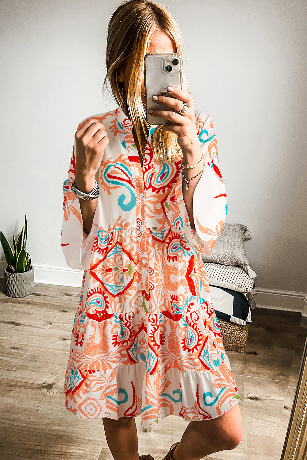 Tribal Print Bracelet Sleeve Buttoned Mini Dress