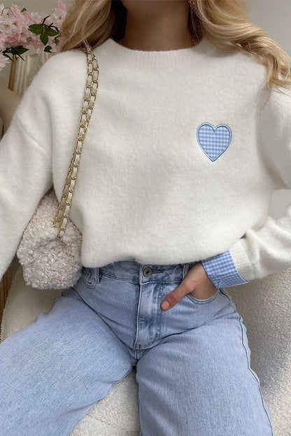 Embroidered Cuffed Drop Shoulder Crew Neck Sweater