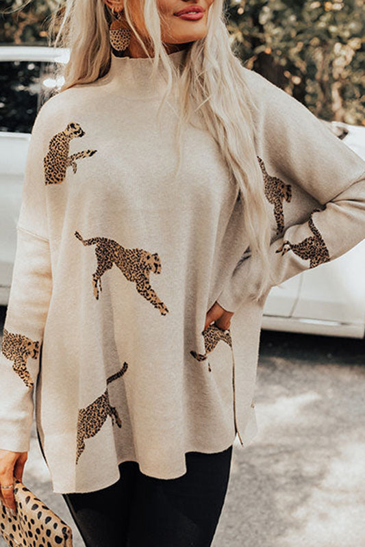 Cheetah High Neck Split Hem Sweater