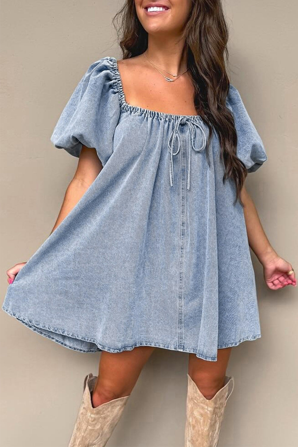 Bubble Sleeve Square Neck Denim Dress