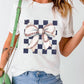 Checkered Rugby Bowknot Graphic Crew T Shirt