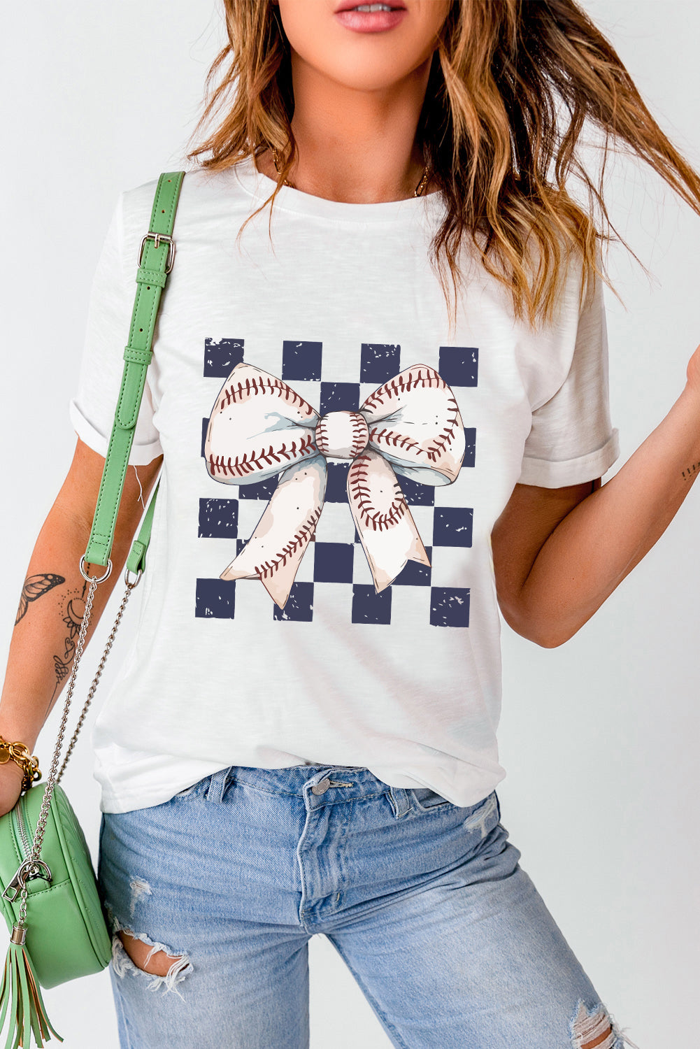 Checkered Rugby Bowknot Graphic Crew T Shirt