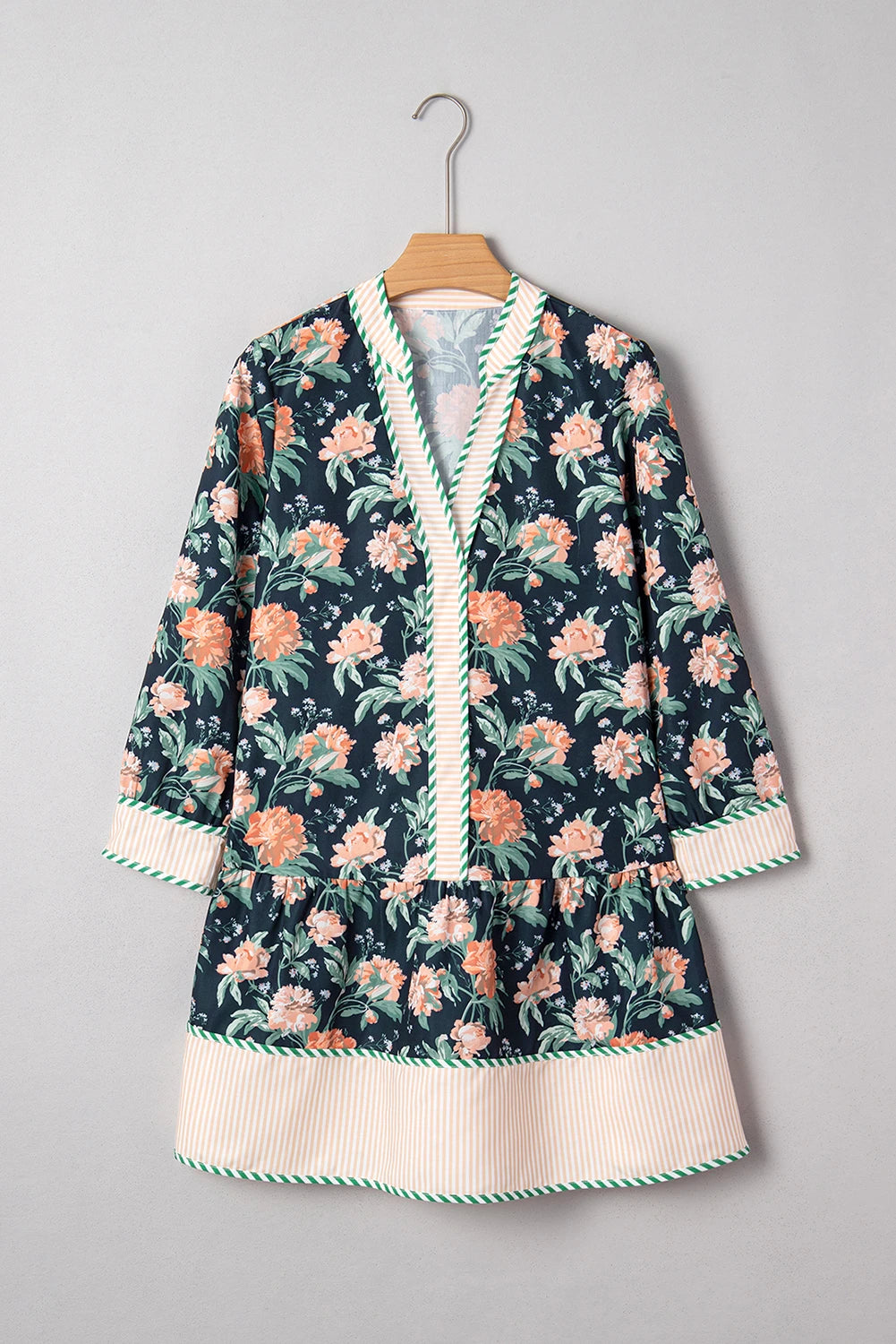 Neck Long Sleeve Ruffle Hem Shift Mini Dress