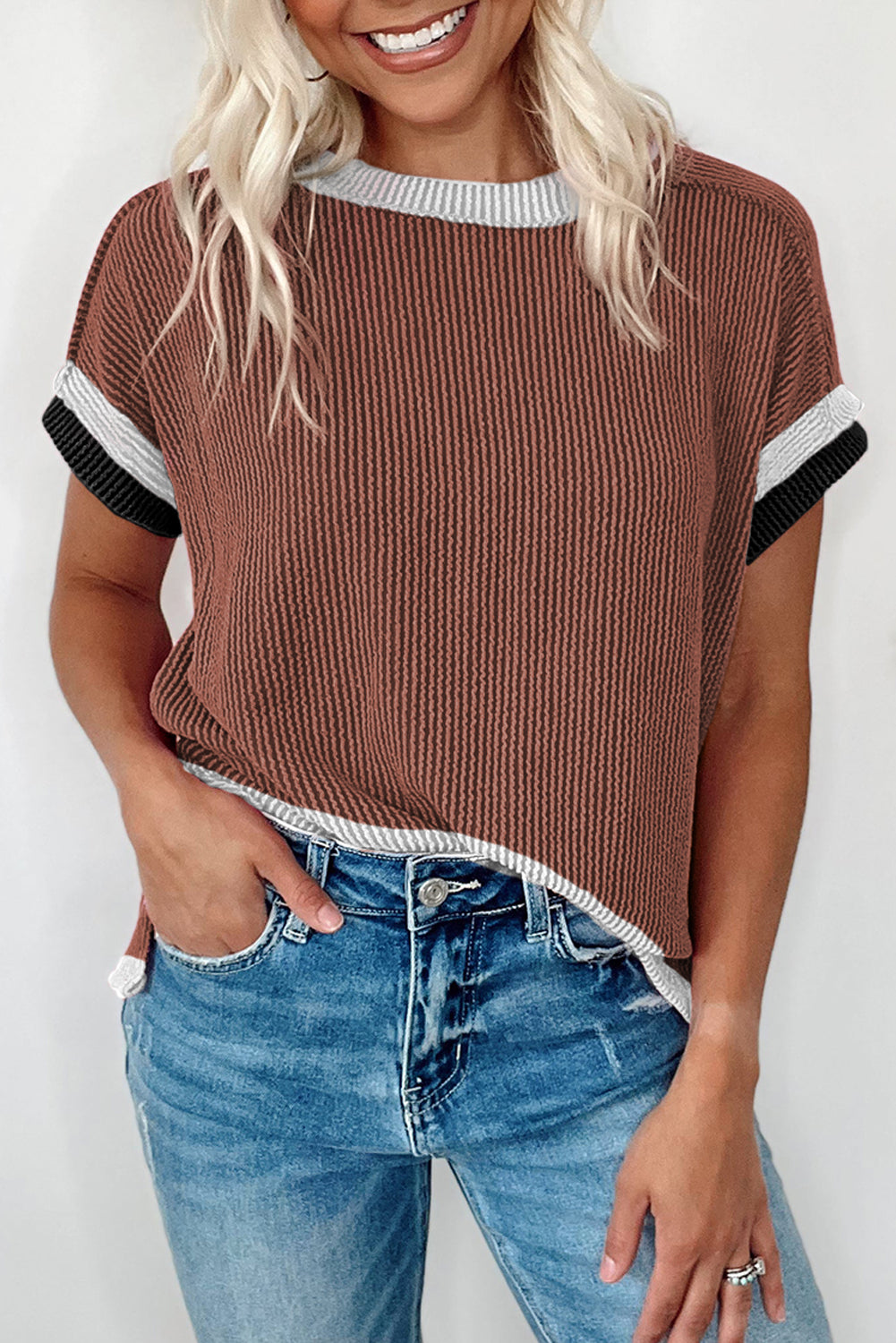 Ribbed Contrast Trim Round Neck T Shirt