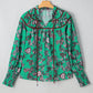 Leaves Print Contrast Trim V Neck Shirred Puff Sleeve Blouse
