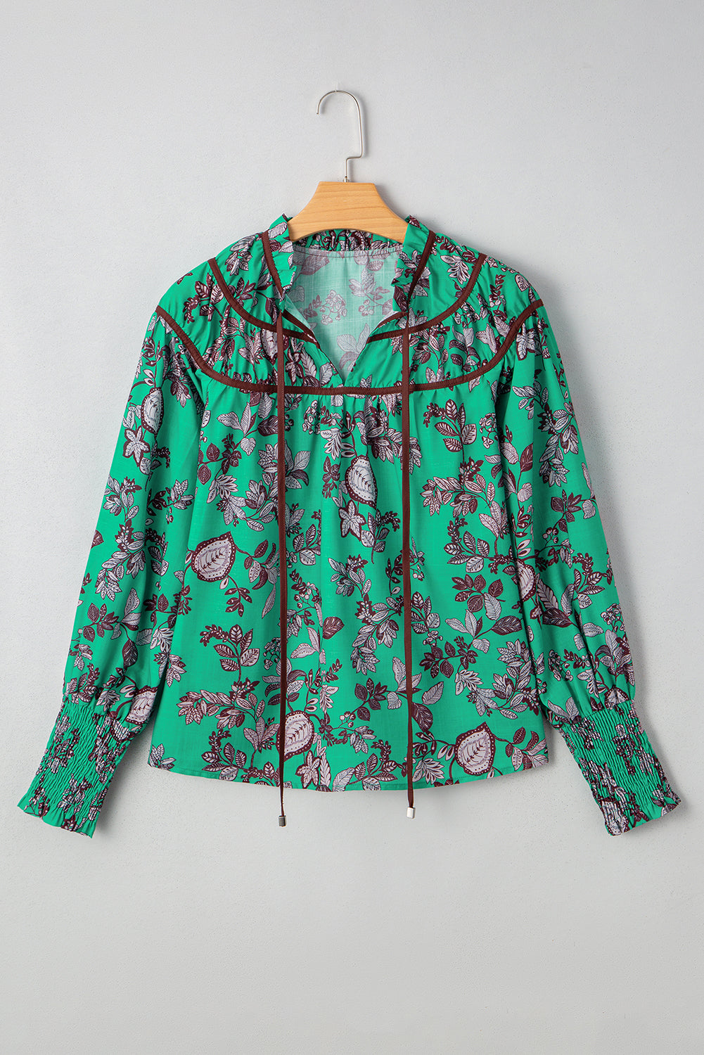 Leaves Print Contrast Trim V Neck Shirred Puff Sleeve Blouse