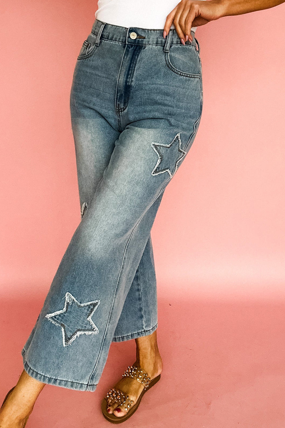 Star Patchwork Cropped Wide Leg High Waist Jeans