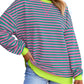 Striped Contrast Ribbed Trim Crossed Stitch Drop Shoulder Sweatshirt