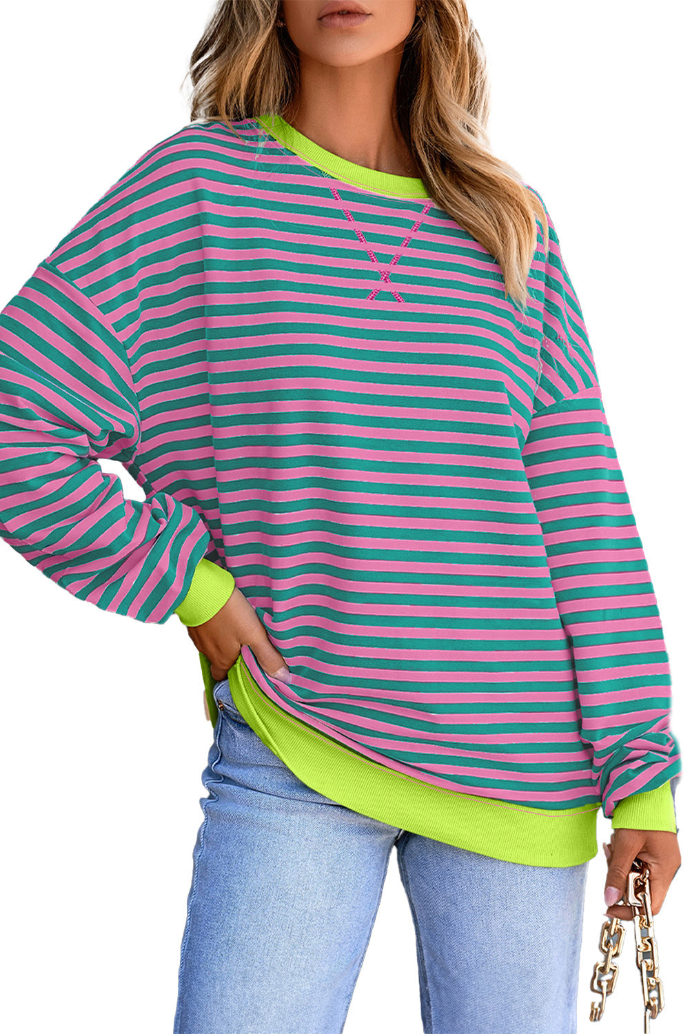 Striped Contrast Ribbed Trim Crossed Stitch Drop Shoulder Sweatshirt