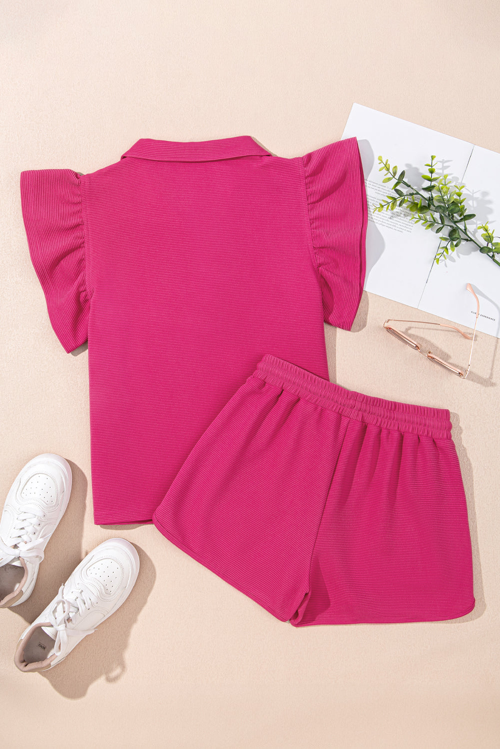Striped Flutter Sleeve Zipped Collar Set