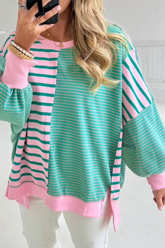 Mix Pattern Color Block Patchwork Side Slit Baggy Sweatshirt