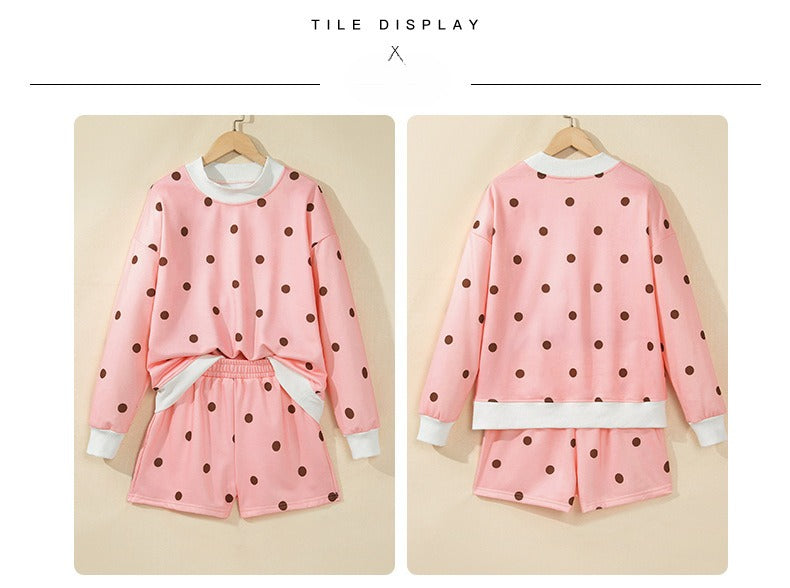 Pink Polka Dot Ribbed Trim Long Sleeve Top Casual Short Set