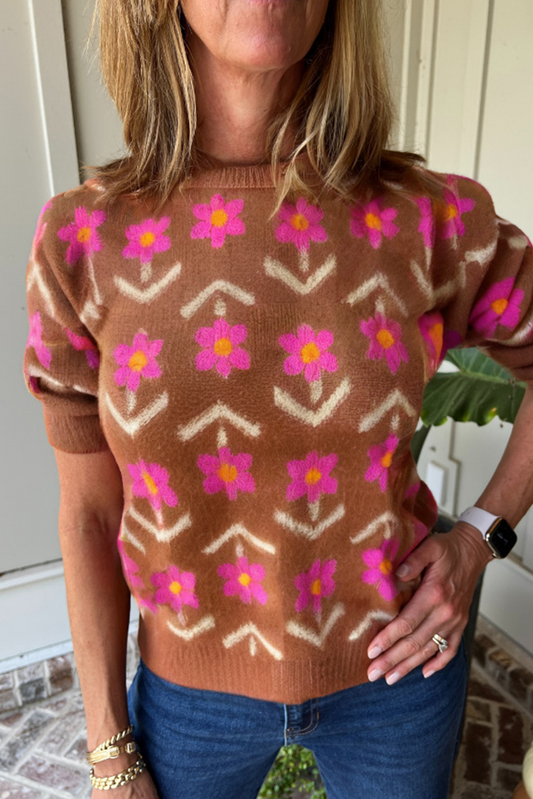 Floral Short Puff Sleeve Sweater
