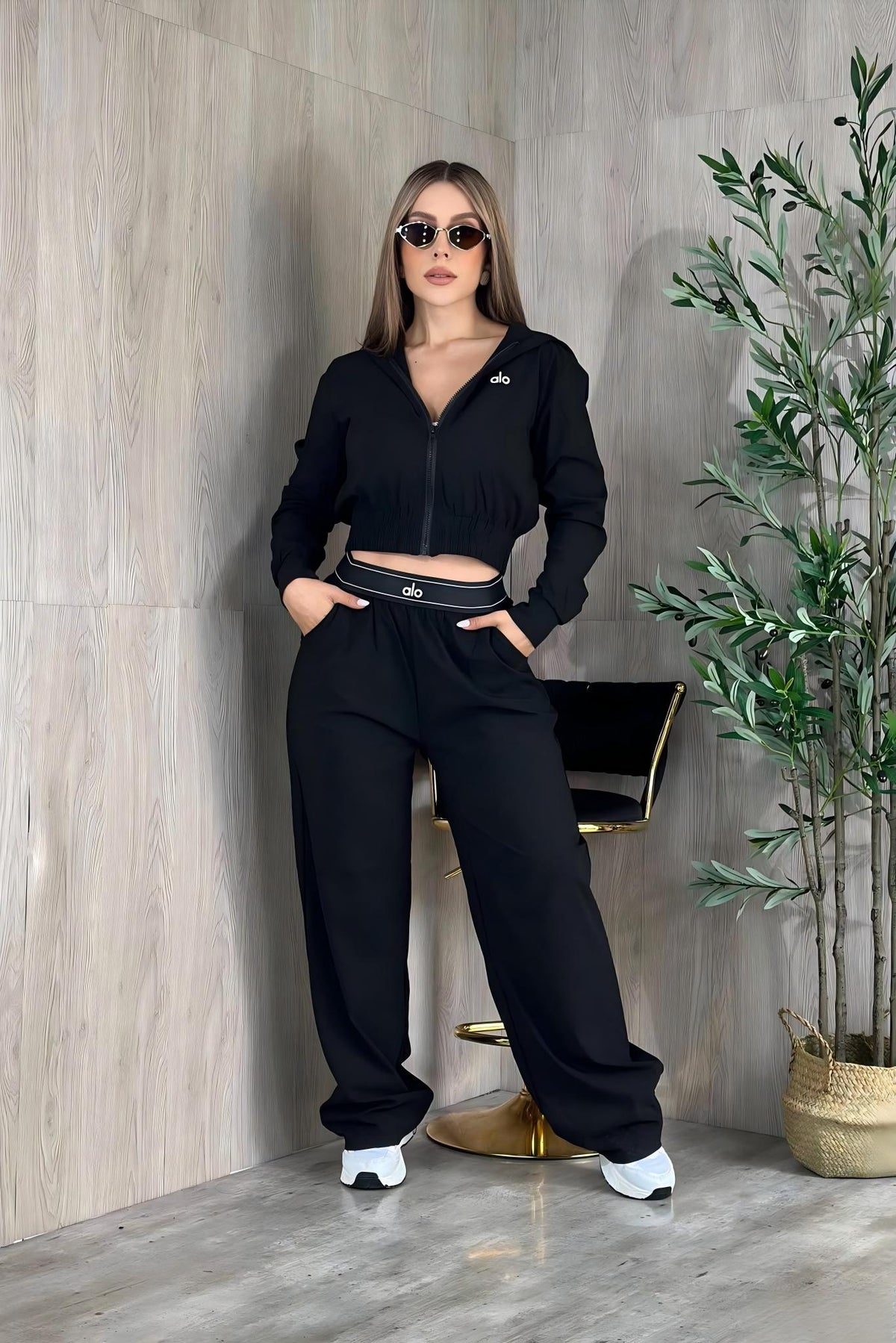A-Two-piece set: hooded top and wide-leg trousers(Q6391)