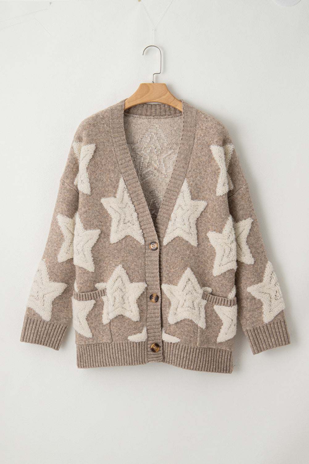 Star Textured Sweater Pockets Cardigan