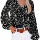 White Floral Print V Neck Long Puff Sleeve Top