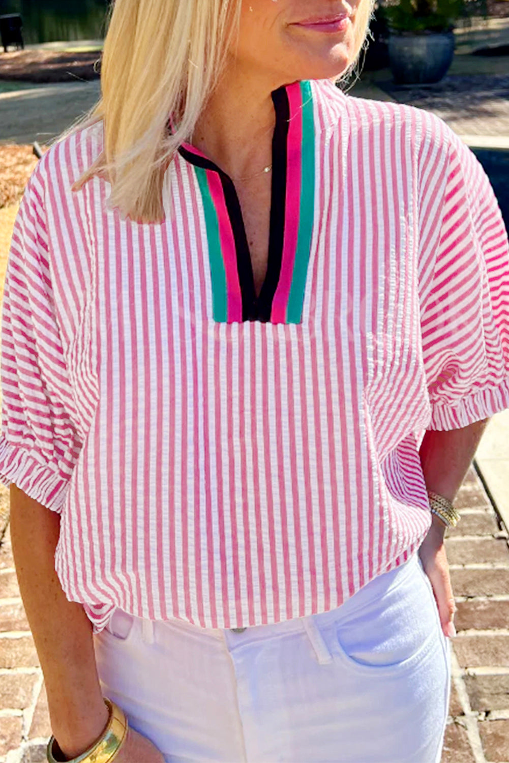 Striped Print Contrast Split Neck Dolman Sleeve Blouse