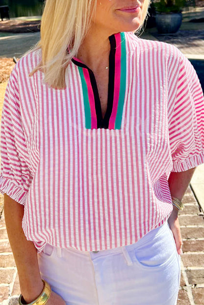 Striped Print Contrast Split Neck Dolman Sleeve Blouse
