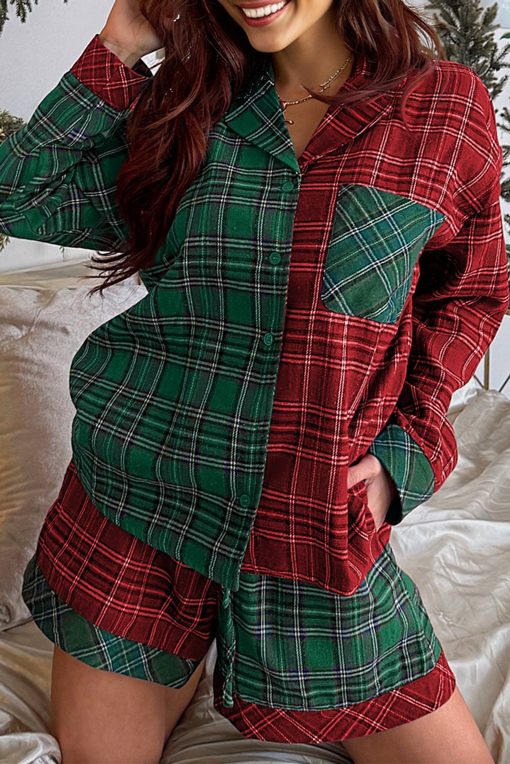 Plaid Contrast Patched Christmas Holiday Long Sleeve Shirt and Short 2pcs Pajama Set