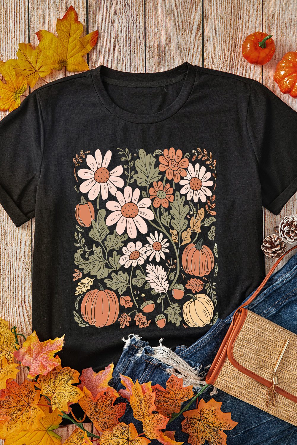 Wild Flower Pumpkin Print T Shirt