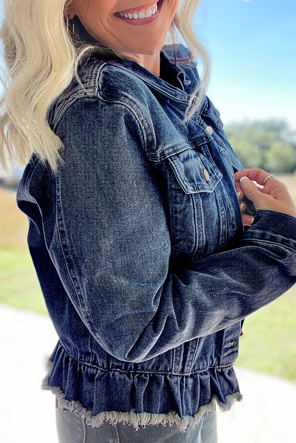 Ruffle Raw Hem Flap Pockets Denim Jacket