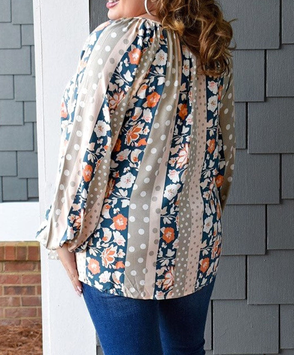 Plus Size Mixed Print Split Neck Blouse