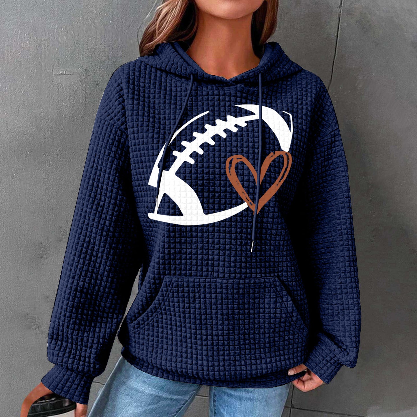 Football Print Hooded Waffle Sweatshirt