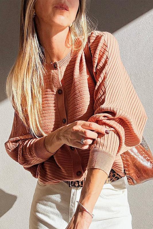 Wide Rib Knit Button Front Dolman Sleeve Sweater Cardigan