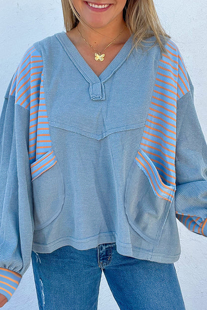 Waffle Striped Patchwork Baggy Pullover