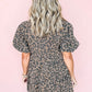 Denim Leopard Printed Short Puff Sleeve Mini Dress