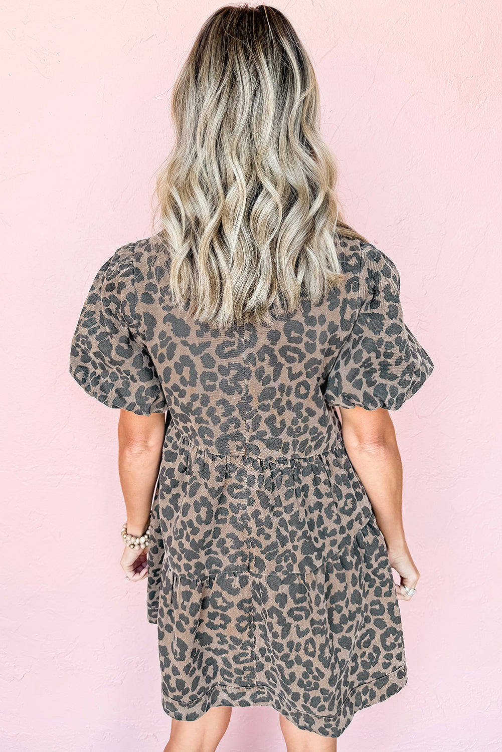 Denim Leopard Printed Short Puff Sleeve Mini Dress