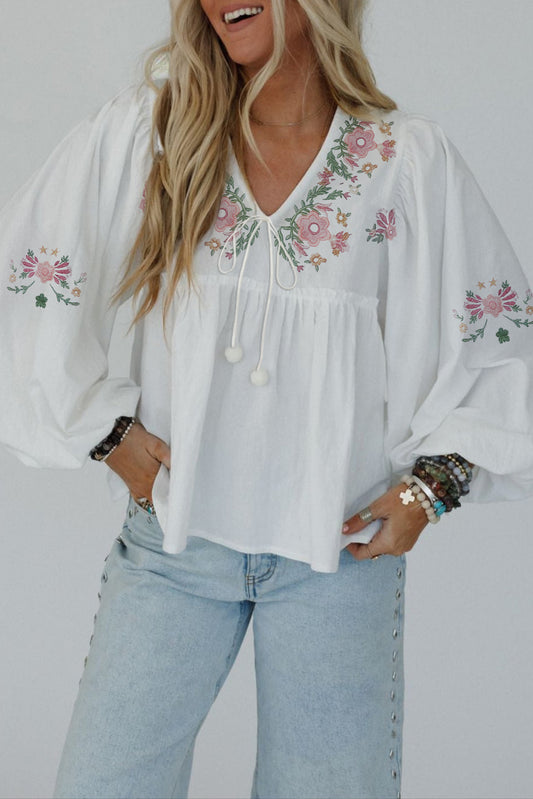 Flower Lace-up V Neck Babydoll Blouse