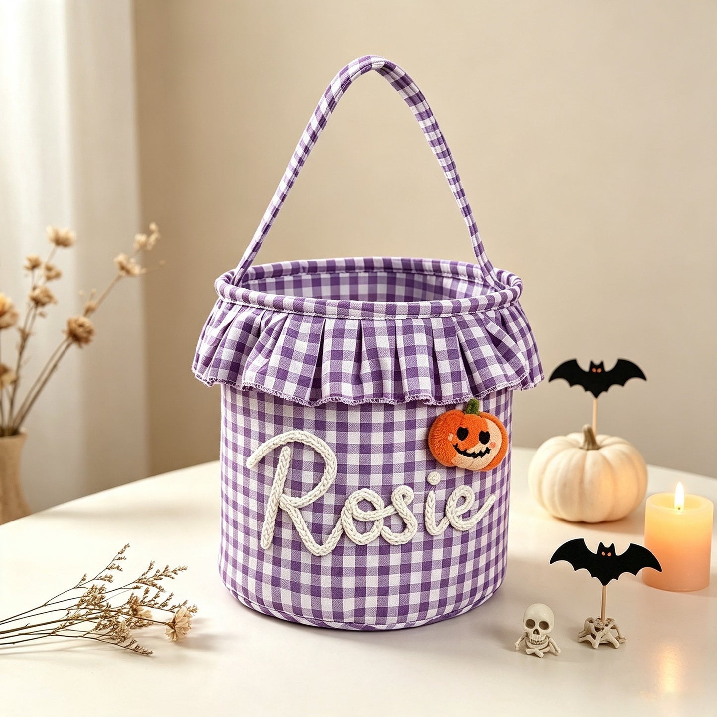 Custom Personalized Halloween Ruffled Candy Basket/Bucket