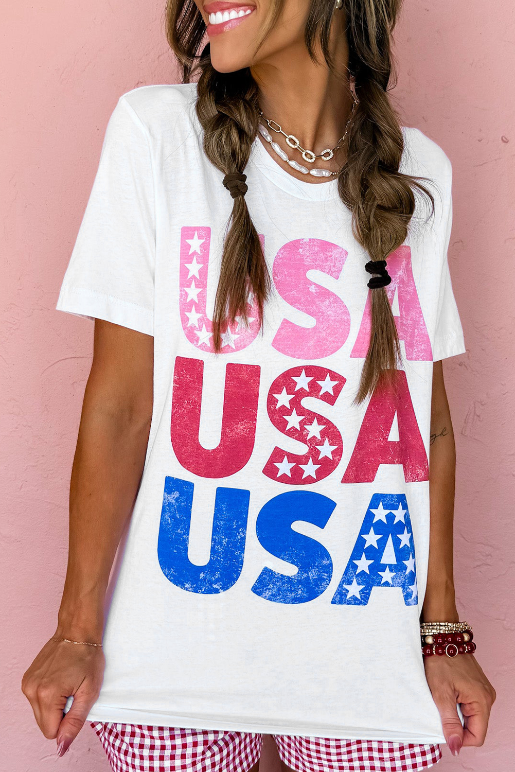 USA Starry Letter Graphic Cotton Blend T Shirt