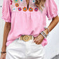 Floral Embroidered Puff Sleeve Notched V Neck Blouse