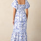 Floral Print Square Neck Bubble Sleeve High Waist Maxi Dress