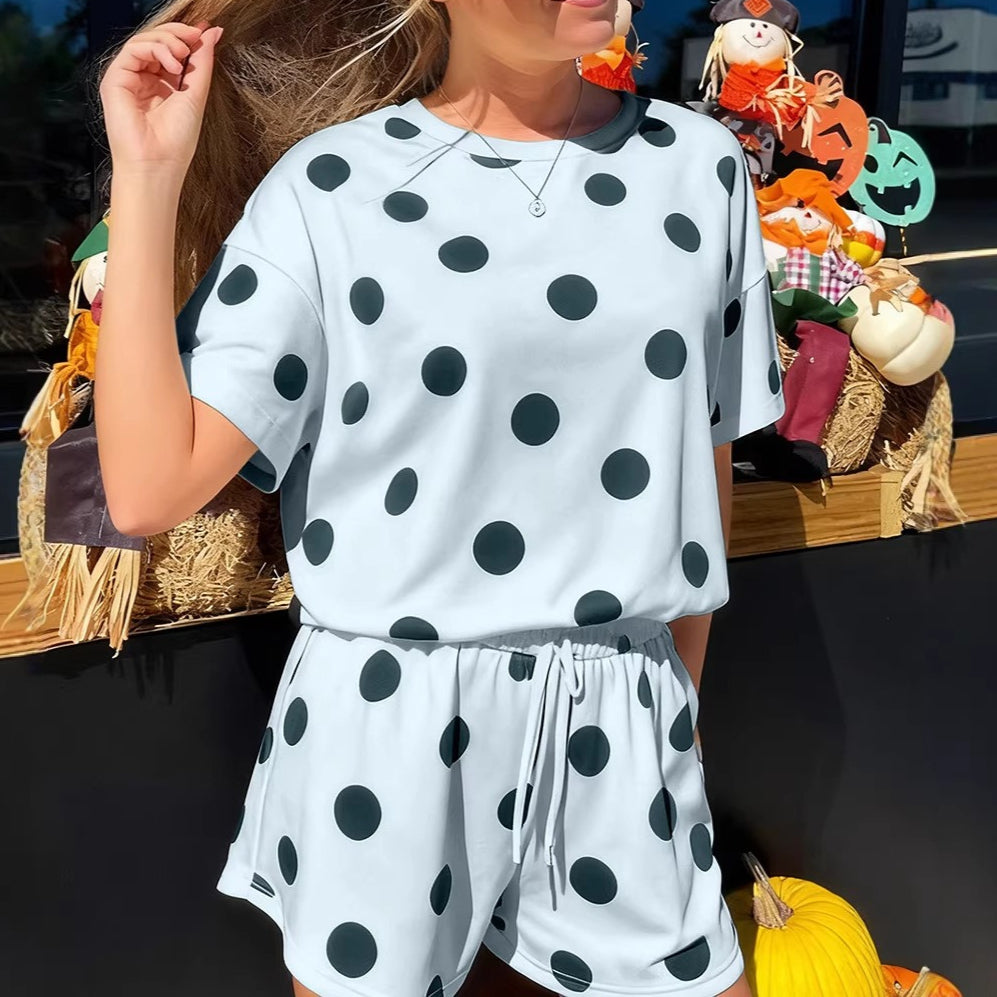 Polka Dot Print Loose Tee Drawstring Elastic Waist Short Set