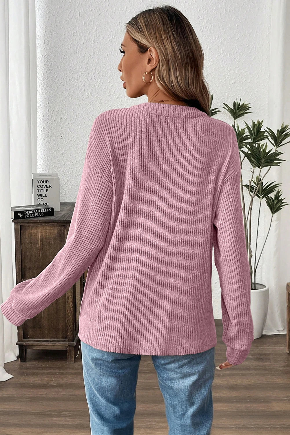 Texture Drop Shoulder Henley Knit Top