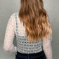 Sheer Mesh Patterned Lettuce Trim Slim Long Sleeve Top