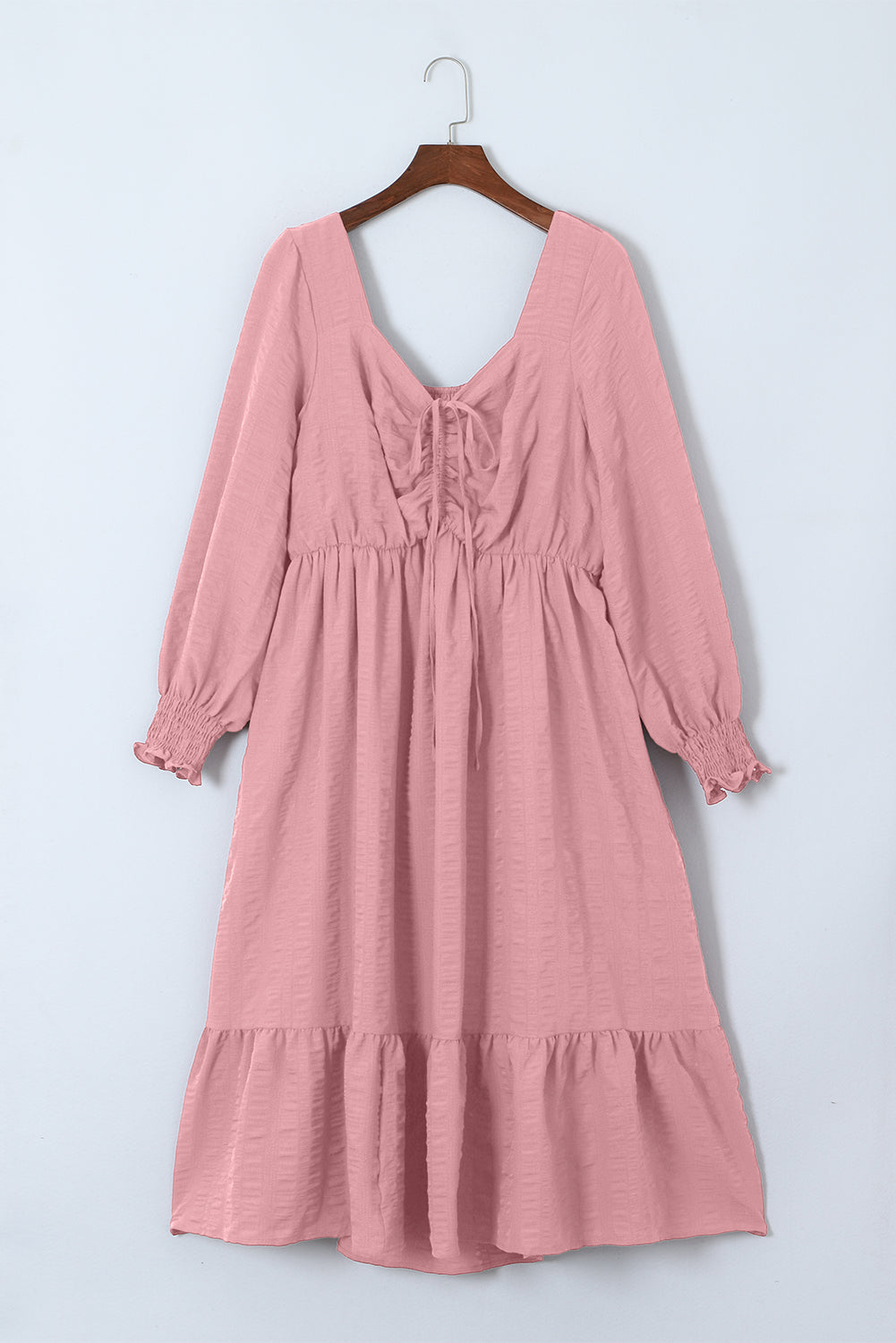 Lace-up Ruched Front Long Sleeve Ruffle Hem Plus Size Midi Dress