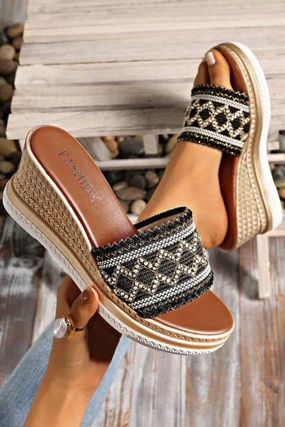 Woven Band PU Leather Wedge Slippers