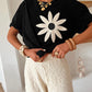 Oatmeal Contrast Crochet Floral Graphic Drop Shoulder Loose Tee