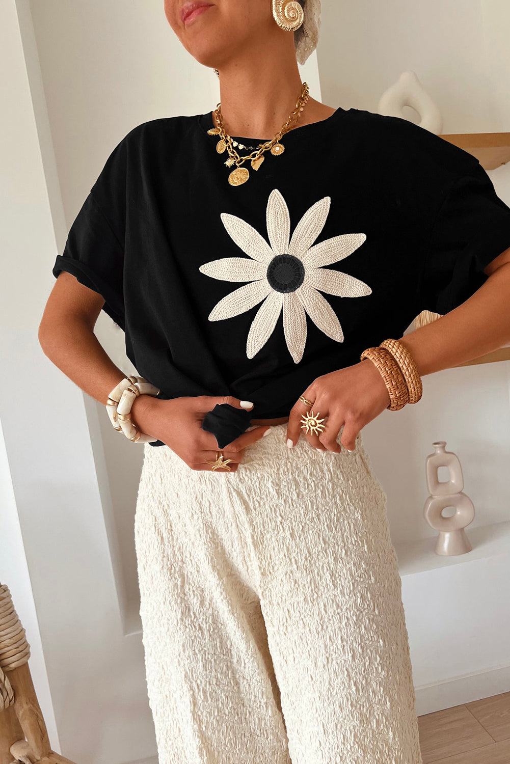 Oatmeal Contrast Crochet Floral Graphic Drop Shoulder Loose Tee