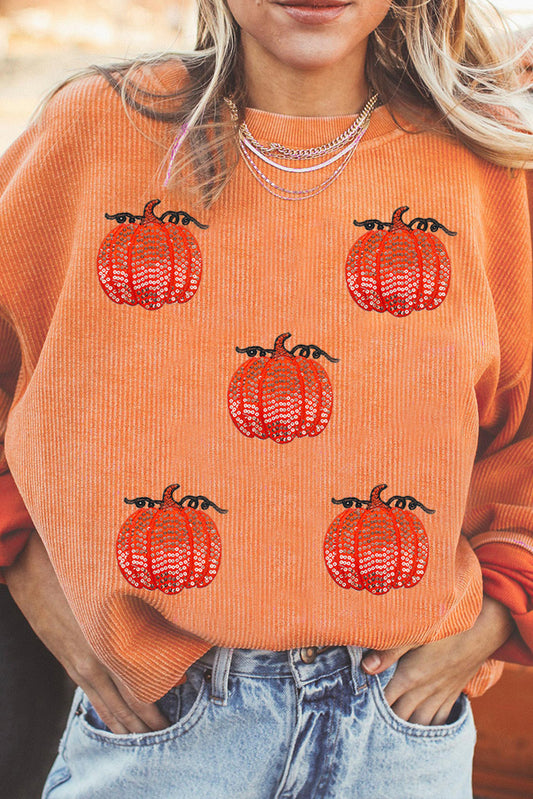 Sequin Pumpkin Patched Twisted Rib Baggy Sweatshirt